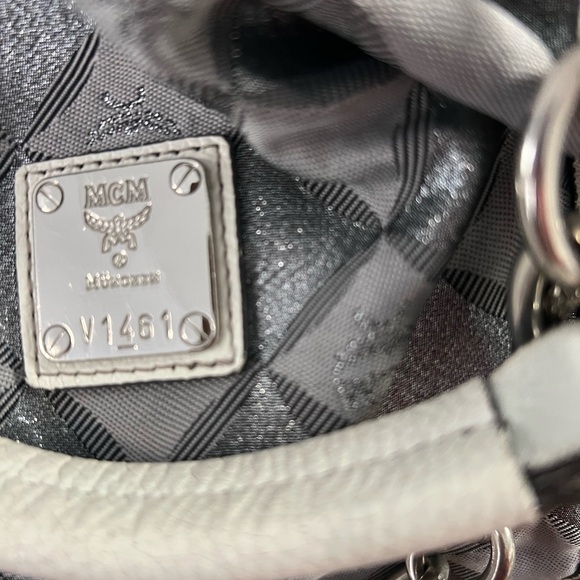 Authentic MCM Munchen Monogram Satchel Chain Handle Handbag Gray White - Picture 8 of 11